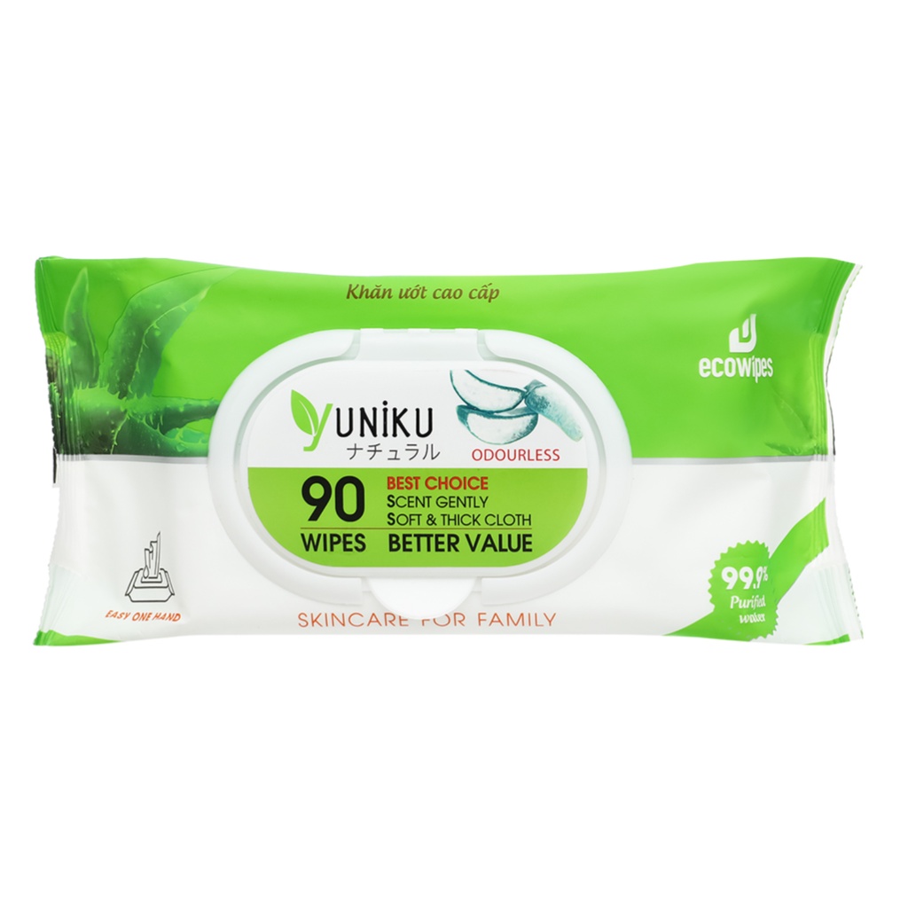Khăn ướt nha đam không mùi,  hương trà xanh, hương hoa, hương nhài 20,90 tờ YUNIKU Nhật Bản