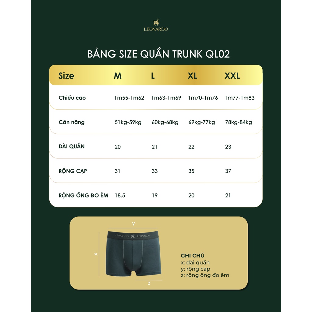 Quần Lót Nam Dáng Trunks LEO 02 Co Giãn, Thoáng Khí, Kháng Khuẩn Thương Hiệu Leonardo