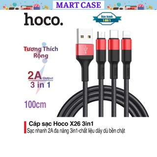 Cáp sạc nhanh hoco x26 3 đầu đa năng light - micro - type c dài 1m dây dù siêu bền mart case