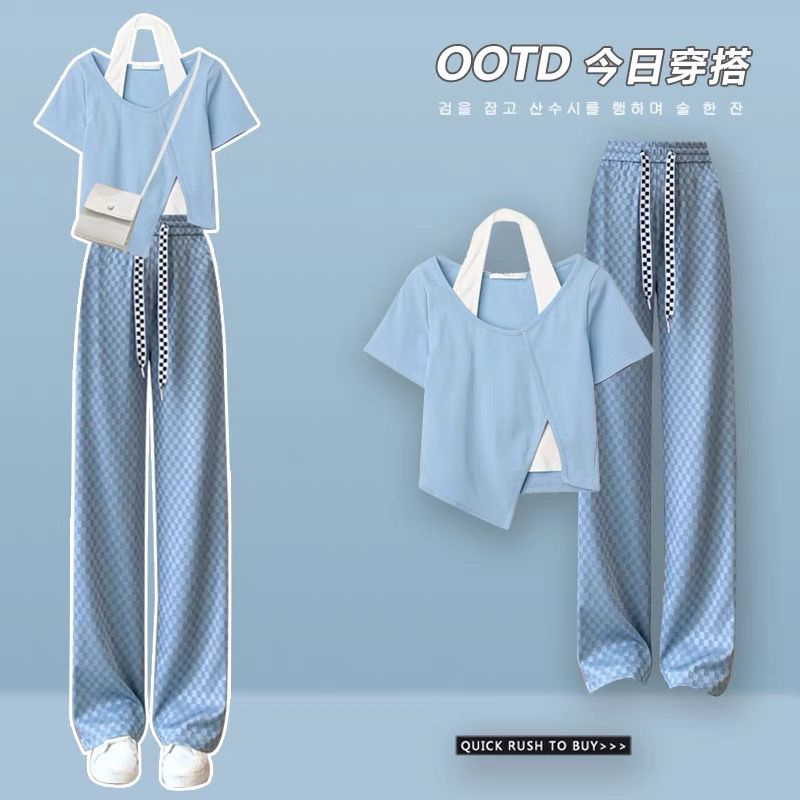 Bộ Áo Giả Hai Mảnh + Quần Ống Rộng Phong Cách Xiaoxiang Thời Trang Mùa Hè 2022 Phong Cách Mới Dành Cho Bạn Nữ