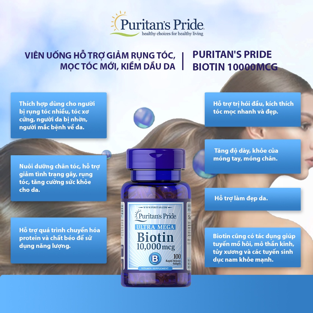 Viên uống hỗ trợ ngăn rụng tóc, làm đẹp da Puritan's Pride Biotin 10000 mcg 100 viên | BigBuy360 - bigbuy360.vn