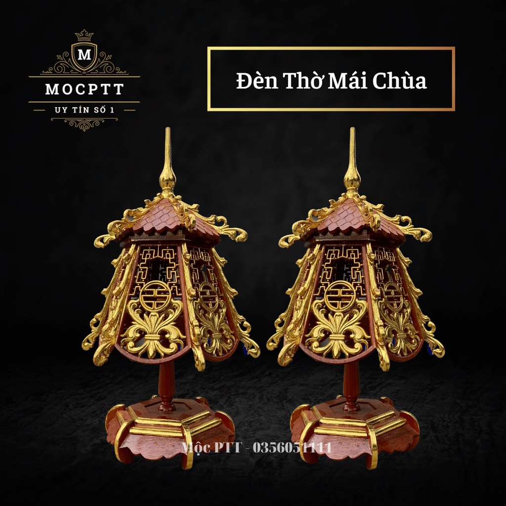 Đèn thờ mái chùa gỗ Hương Ta kích thước 60 x 35 x 35 cm