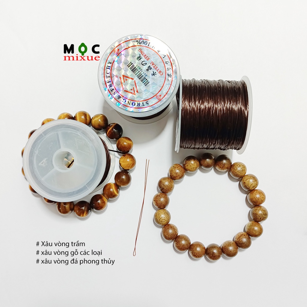 Dây xâu vòng chun co giãn màu nâu 1 cuộn kèm kim gập xâu vòng trầm vòng hạt đá vòng handmade Mộc mixue