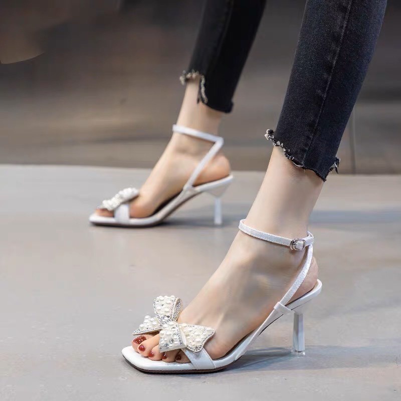 Giày sandanl nữ quai nơ kim tuyến gót đũa 7cm hàng cao cấp mã HD2