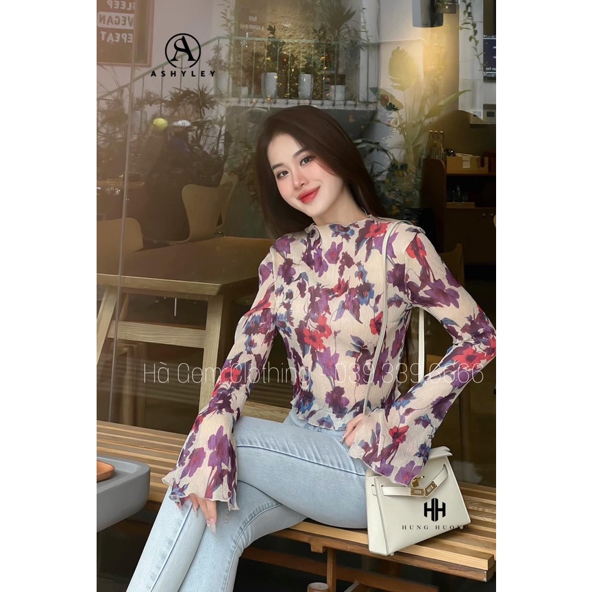 ÁO THUN GIẤY DẬP LI HOA TO NHÚN TÀY DÀI LOE