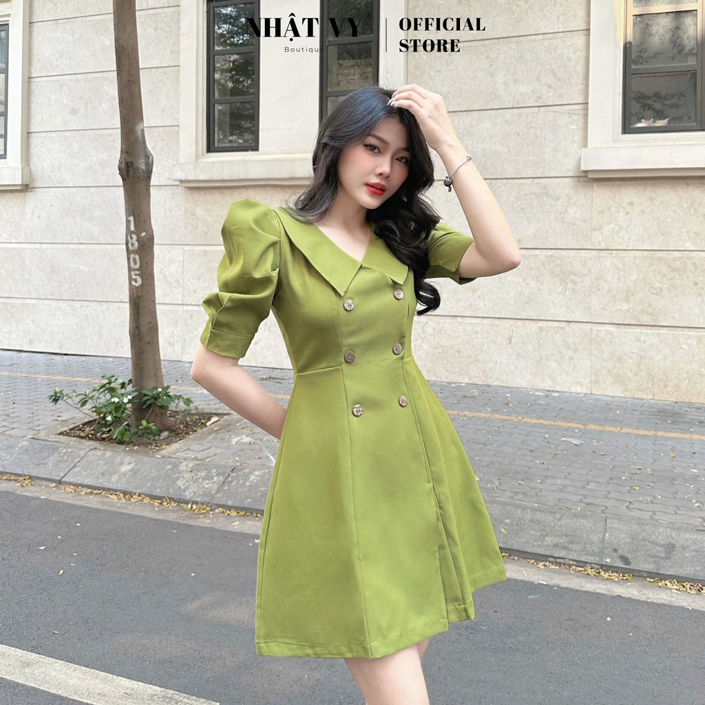 Đầm vest công sở Nhật Vy cổ V tay phồng dáng ôm đính cúc chất cotton gân nổi phù hợp đi chơi sang chảnh - D2433