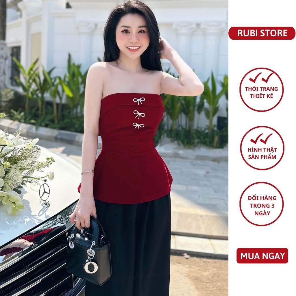 V270 - Sét thiết kế RUBI STORE áo cúp ngực đính nơ đá phối quần ống rộng cao cấp