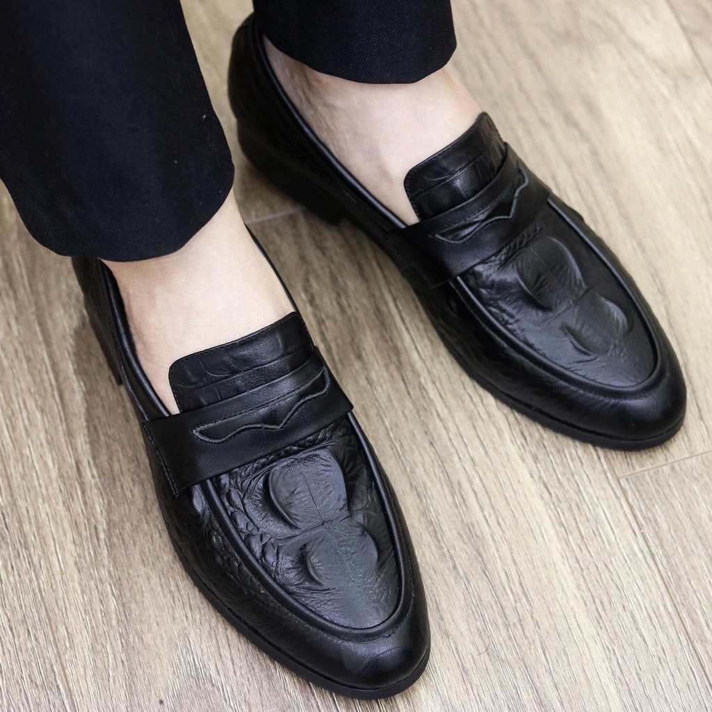 Giày da nam công sở dior màu đen đai thủng dập vân cá sấu giày lười nam da mờ full size 38-43