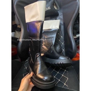 Boot đùi mũi tròn, cổ da phối màu (có video)