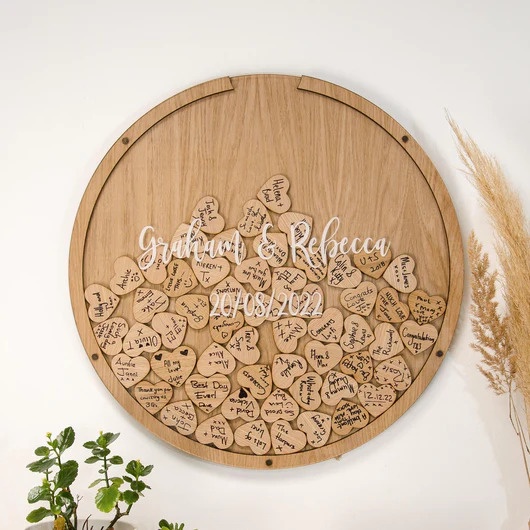 Hộp kí tên thả tim đám cưới, Hộp kí tên trang trí đám cưới hình tròn để bàn đám cưới cô dâu chú rể, Wedding Guest Book