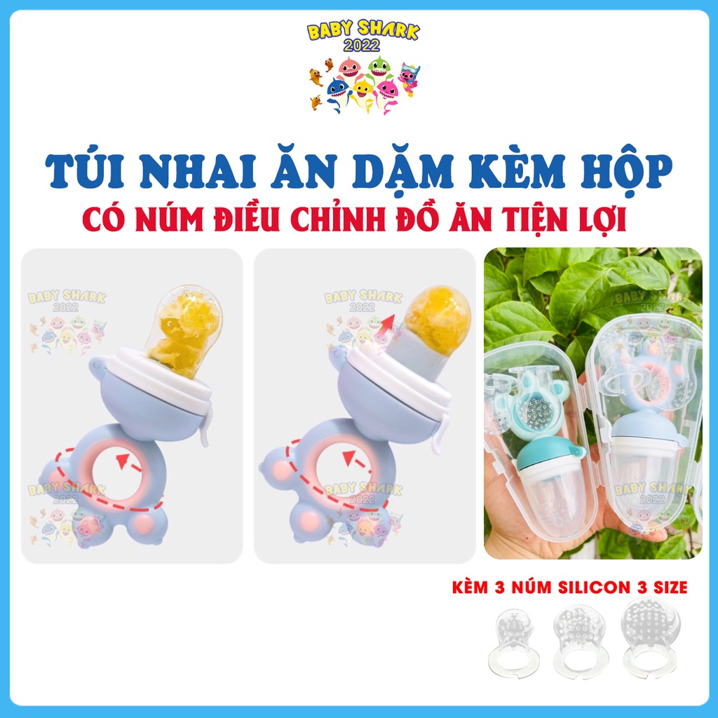 [Tặng hộp đựng] Túi nhai ăn dặm cho bé có núm điều chỉnh với 3 núm nhai