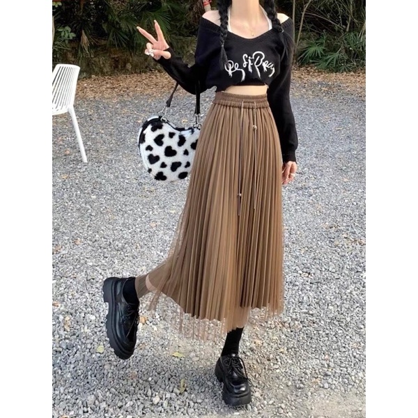 Chân váy xếp ly dây xích dài hàng QC hot hit