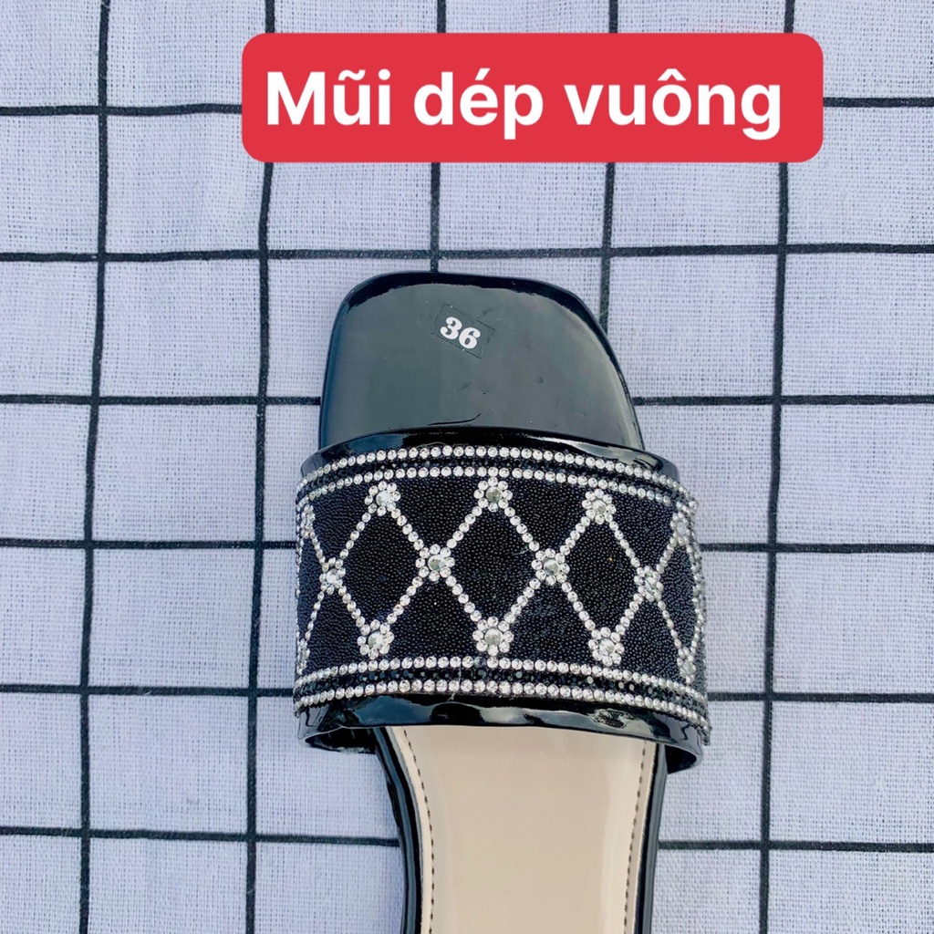 Dép quai ngang nữ dép bệt thời trang bản kiểu lê quai gắn đá mũi vuông sang chảnh da bóng-giày dép 97
