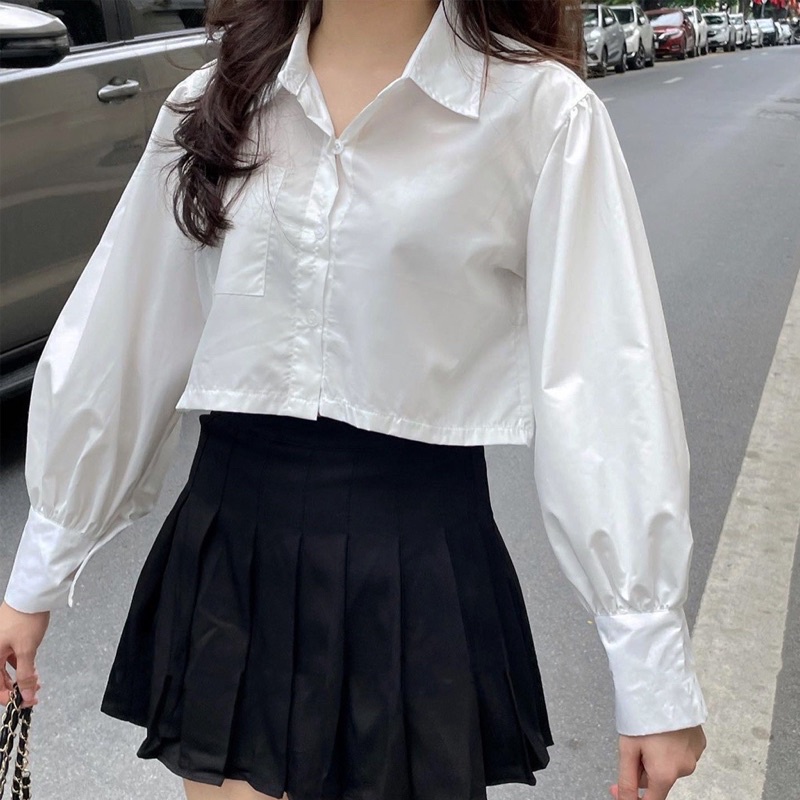 Set váy tennis đen + sơ mi croptop tay dài