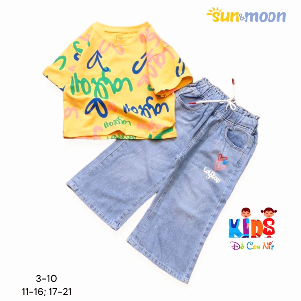 (3Y-16Y) Set quần jean suông dài kèm áo thun cotton siêu cute cho bé gái