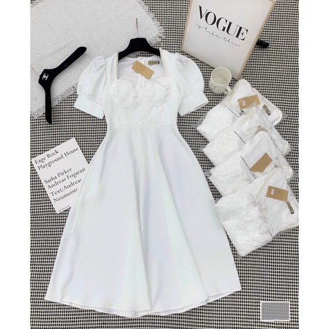 Đầm xoè dự tiệc cổ U kết ngọc tay ngắn phồng - bigsize M/L/XL/2XL - MS03L