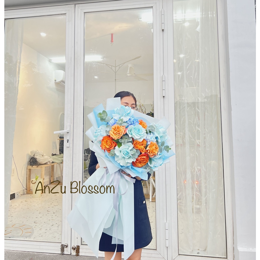 Bó hoa hồng Ohara xanh và cam