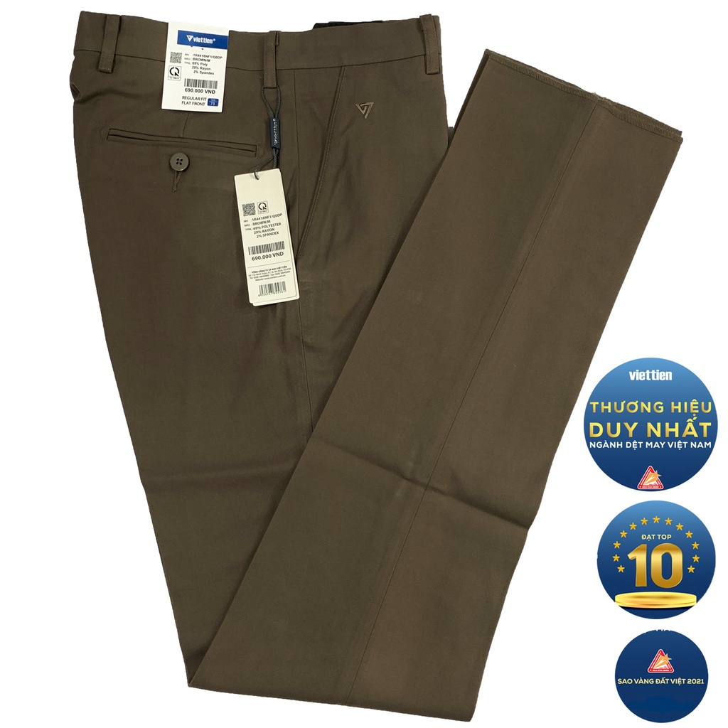 Viettien - Quần tây nam màu nâu không ly 1R4416 regular fit quần âu việt tiến phom vừa không ôm không rộng