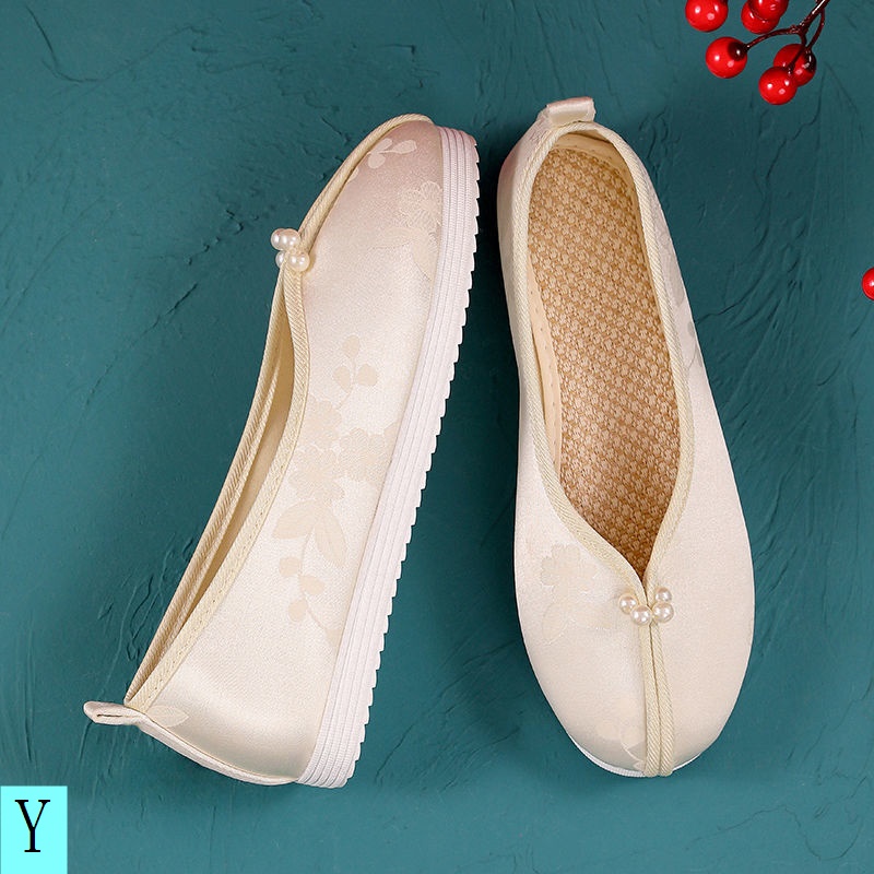 Giày Búp Bê Vải Mũi Tròn Thêu Họa Tiết Đính Ngọc Trai Phong Cách Trung Hoa