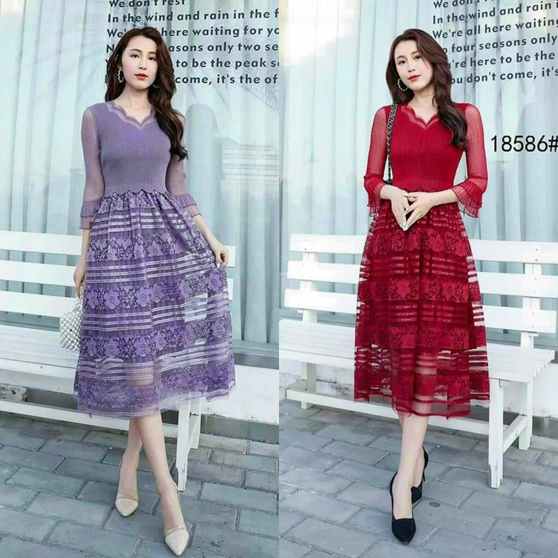 HÀNG NHẬP - ĐẦM XÒE MAXI REN LỤA DẬP LY CAO CẤP - BH43390
