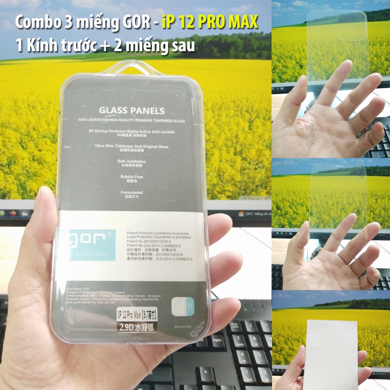 Combo 3 miếng GOR cho iPhone 12 Pro Max - 1 Kính cường lực mặt trước trong suốt + 2 miếng dán mặt sau hãng GOR cao cấp
