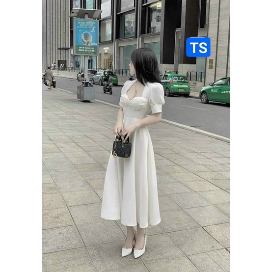 Đầm xoè dự tiệc cổ U kết ngọc tay ngắn phồng - bigsize M/L/XL/2XL - MS03L