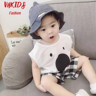 Set bộ quần áo ba lỗ ngắn tay quần kẻ caro cho bé mặc hè phong cách hàn quốc