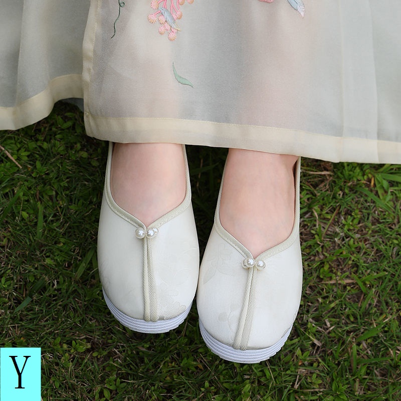 Giày Búp Bê Vải Mũi Tròn Thêu Họa Tiết Đính Ngọc Trai Phong Cách Trung Hoa