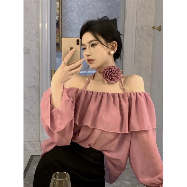 Áo Voan Hoa Hồng Trễ Vai Tay Phồng Xinh Xắn Cho Nữ