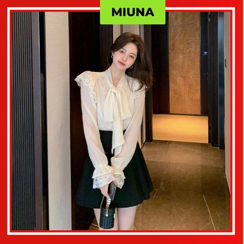 Áo sơ mi Miuna thắt nơ ở cổ, Áo công sở có tay bèo phong cách Hàn Quốc