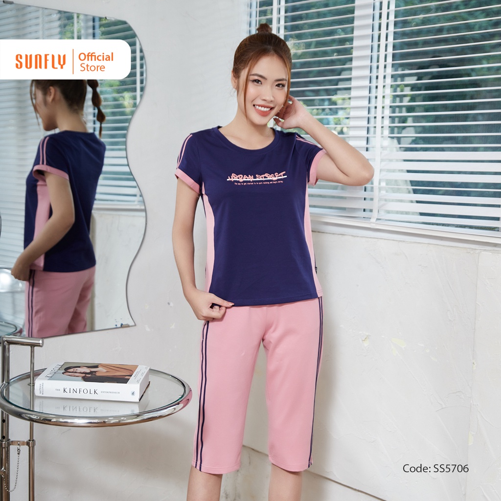 Bộ Đồ Mặc Nhà Thể Thao Nữ Cotton SUNFLY Áo Cộc Quần Ngố SS5706