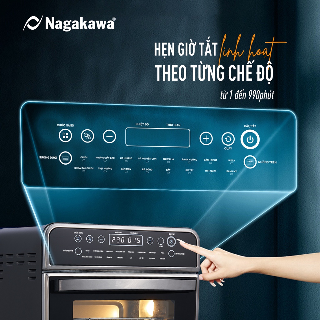 Lò Chiên Không Dầu Nagakawa NAG3308,Dung Tích 16L, Công Suất 1600W, Bảo Hành Chính Hãng 12 Tháng