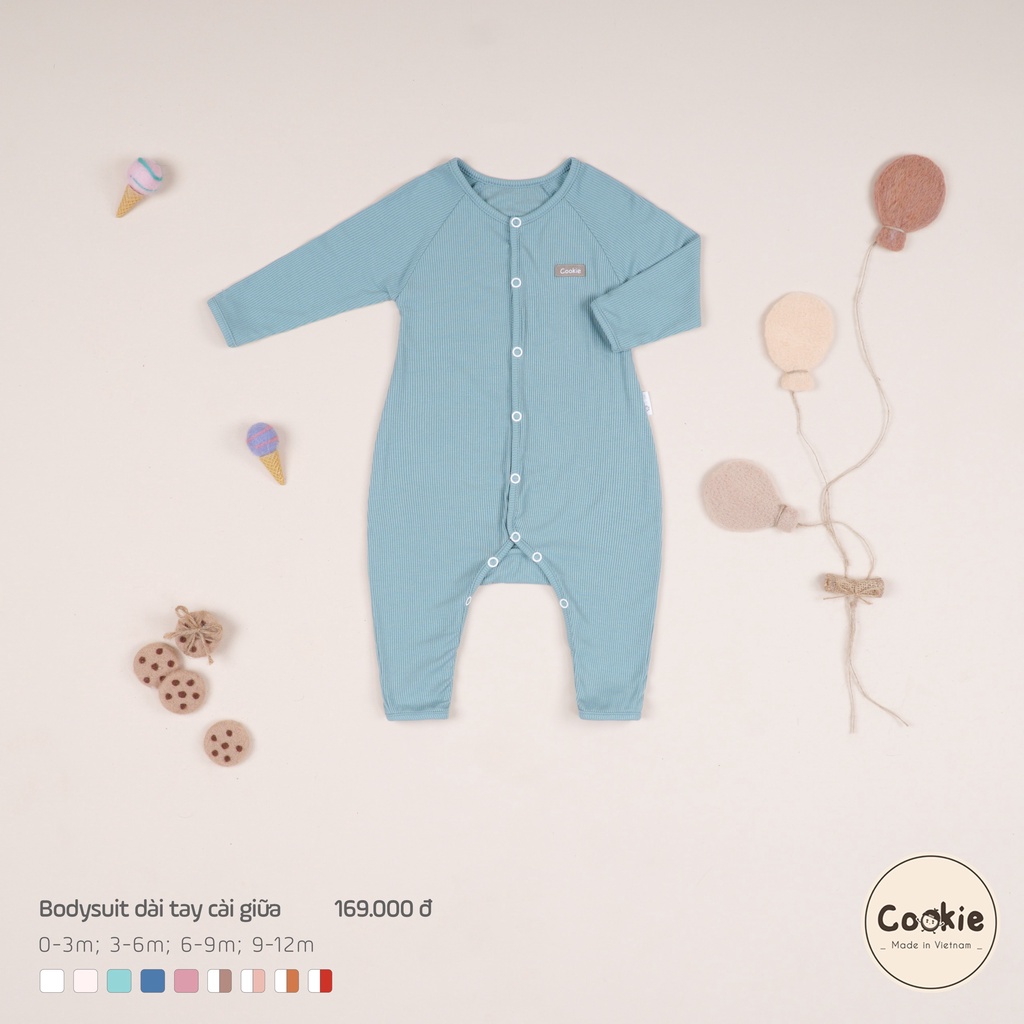 Bodysuit dài tay cài giữa COOKIE cho bé size 0-3m, 3-6m, 6-9m, 9-12m