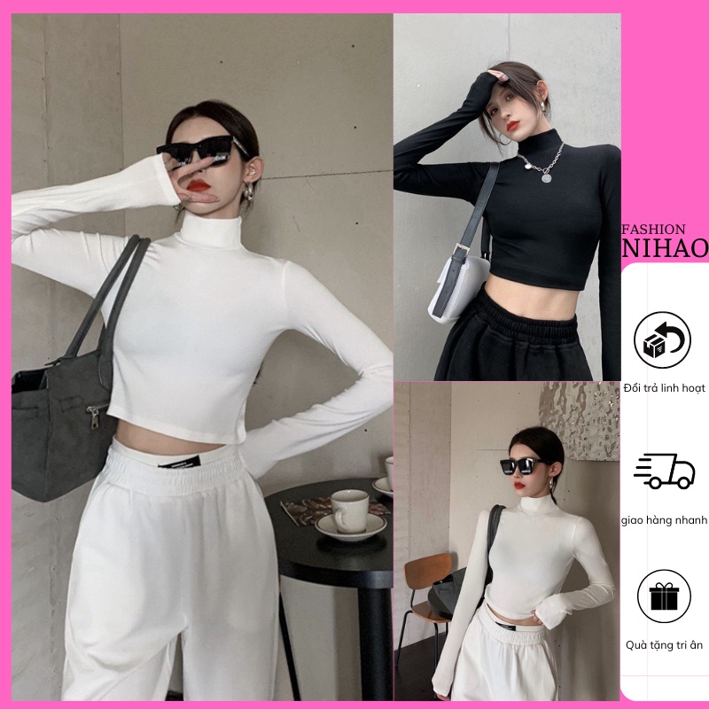 Áo Croptop Nữ Tay Dài CỔ LỌ Nihao Ôm Body Chất Tốt, Áo Thun kiểu nữ crt dài tay mặc đẹp Nihao