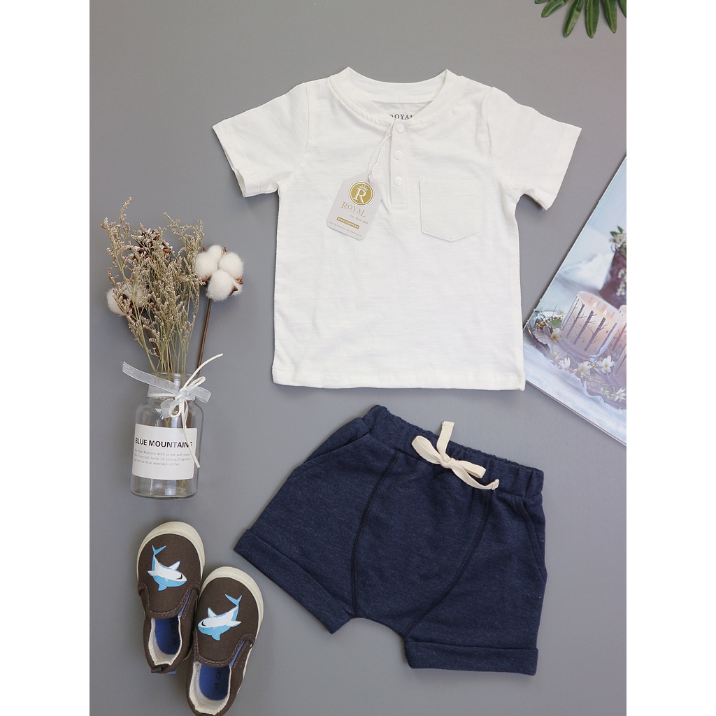 Bộ thun Tay ngăn Thun Cotton Áo Trắng Cổ tròn nút bấm trắng quần thun XANH THAN