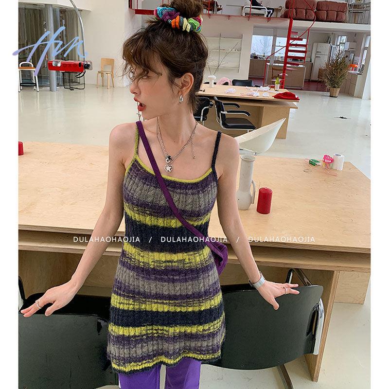 Áo Dệt Kim Hai Dây Dáng Rộng Họa Tiết Kẻ Sọc Màu Sắc Tương Phản Phong Cách Hong Kong Thời Trang Mùa Xuân 2023