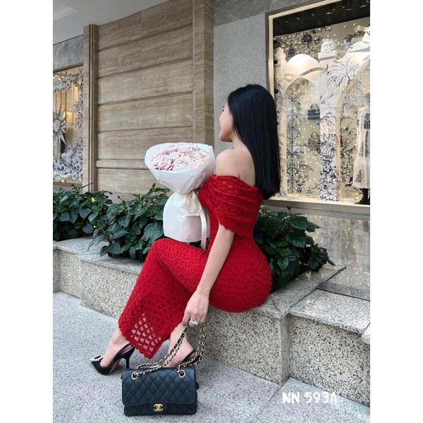 Váy body ren nhung trễ vai nơ ngực dáng dài siêu xinh