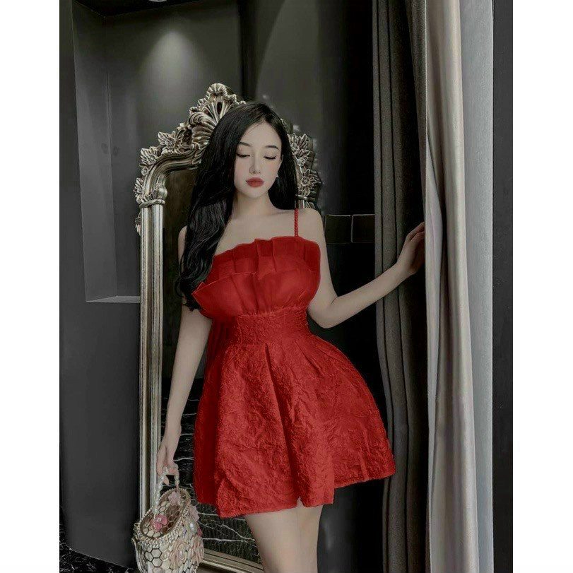 ĐẦM GẤM PHỐI VOAN KIẾNG HAI DÂY ÔM EO DÁNG NGẮN SIÊU XINH ĐẸP CUỐN HÚT ĐI CHƠI DỰ TIỆC MẪU MỚI CỰC HOT TKT