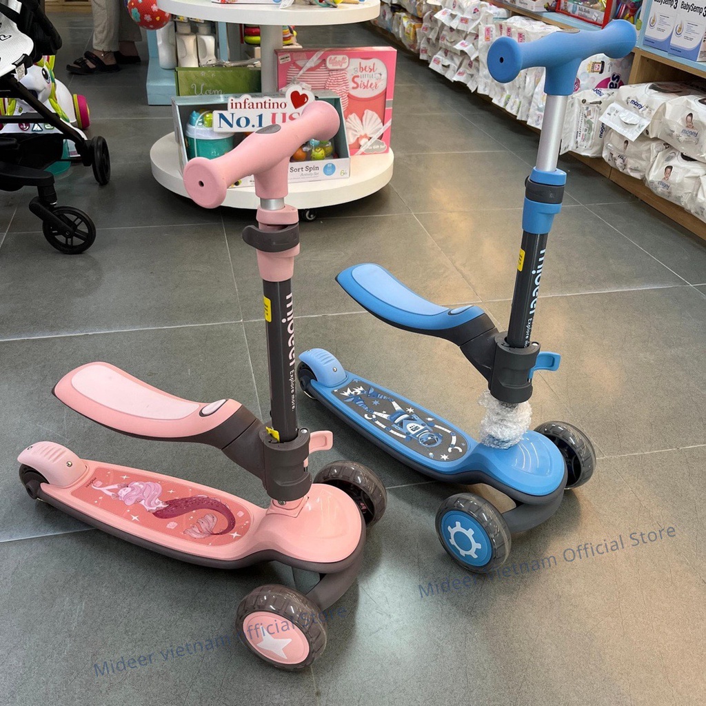 Xe Scooter cho bé Mideer , Xe trượt scooter 3 bánh phát sáng, cao cấp, gấp gọn có ghế ngồi cho bé trai, gái 1 2 3 4 5 6