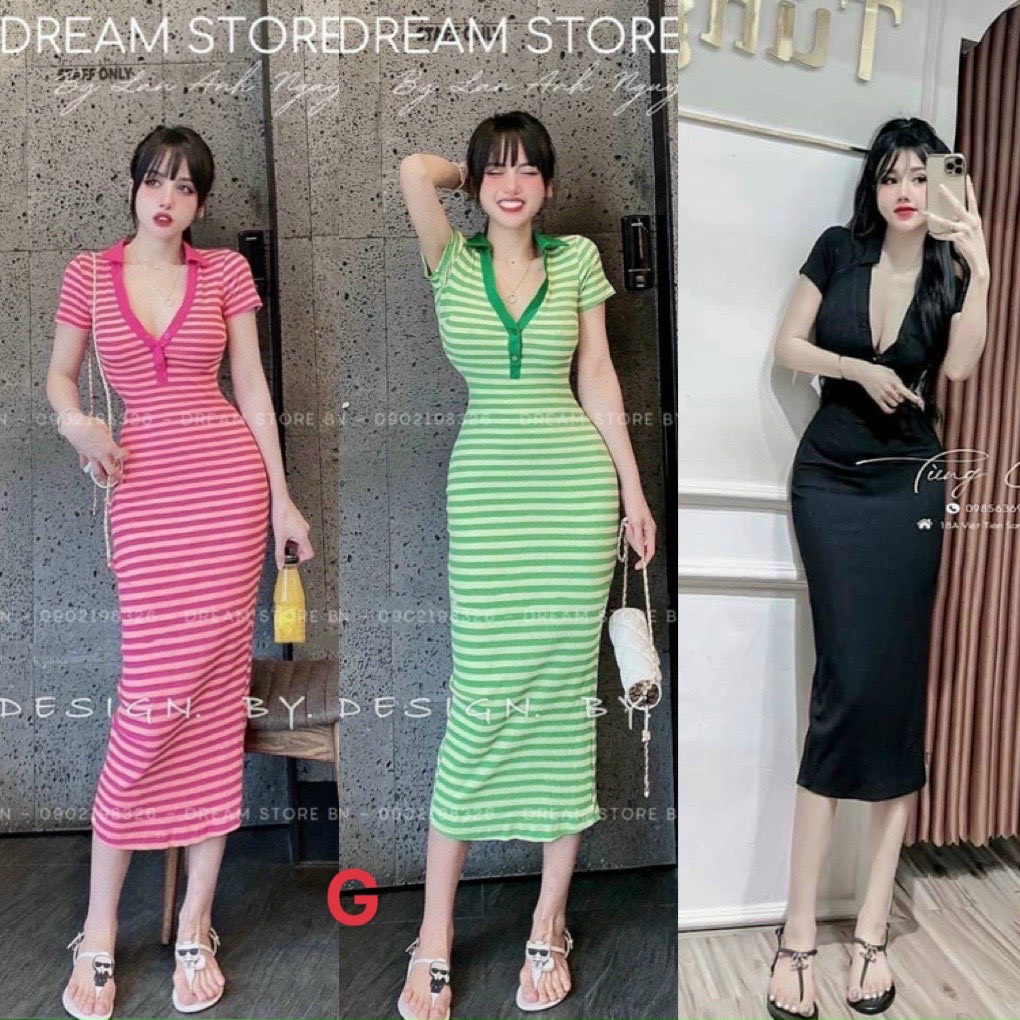 Đầm body gân cổ bẻ tay ngắn sọc ngang dáng dài hot