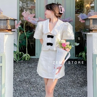 Set chân váy áo croptop nữ gấm cổ sen kiểu hoa nổi nơ ngực