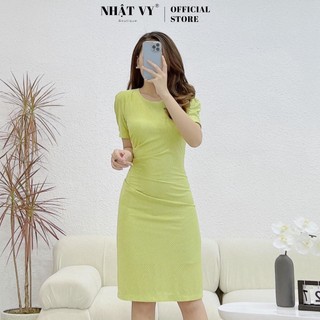 Đầm dự tiệc Nhật Vy tay ngắn cổ tròn cách điệu nhún eo dáng ôm chất thun sọc phù hợp đi chơi dạo phố sang chảnh - D2445