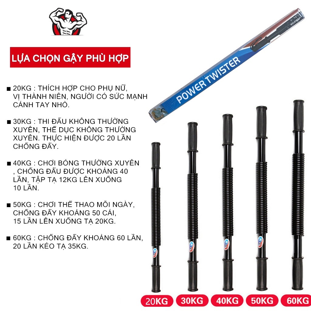 Thanh Lò Xo 20Kg 30Kg 40Kg 50Kg 60Kg, Gậy Bẻ Cơ Tay Màu Đen