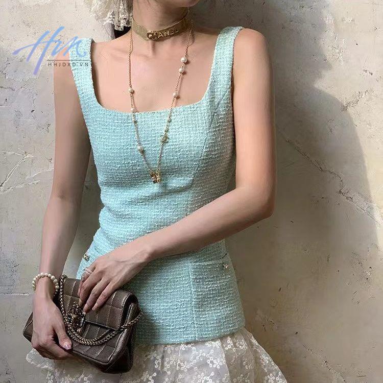 Đầm Nữ Không Tay Màu Trắng Xanh Lá Phong Cách Hàn Quốc Mới