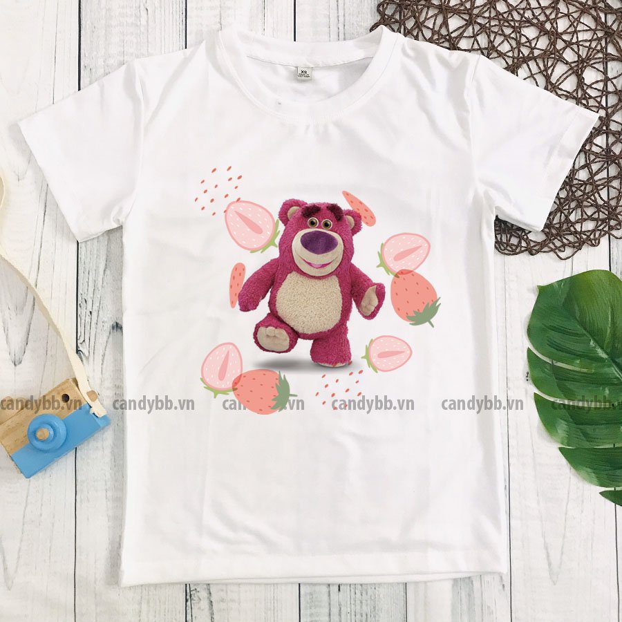 Áo thun trắng cho bé hình gấu bông dâu Lotso strawberry bear, áo phông bé trai bé gái cổ tròn mềm mịn size từ 10 - 65kg