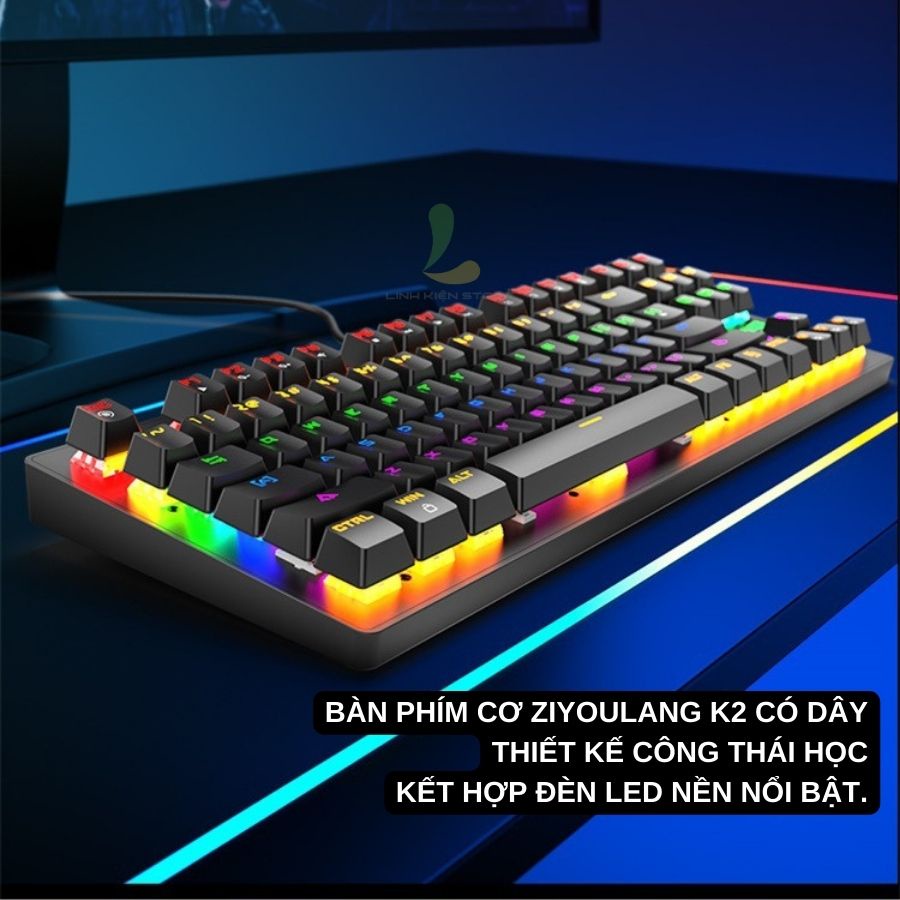 Bàn phím cơ máy tính HOSAN ziyoulang K2, thiết kế công thái học cơ blue switch 87 phím Led RGB chế độ đổi màu đẹp