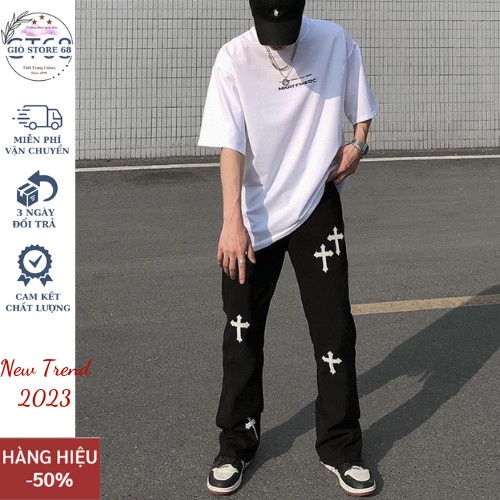 Quần jean chữ thập trắng ống suông rộng Gióstore68,Quần chữ thập nam đen cá tính top xu hướng hàn quốc 2023