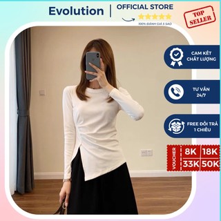 Áo thun nữ dài tay nhún eo vạt lệch xẻ tà cotton mềm co giãn td-900
