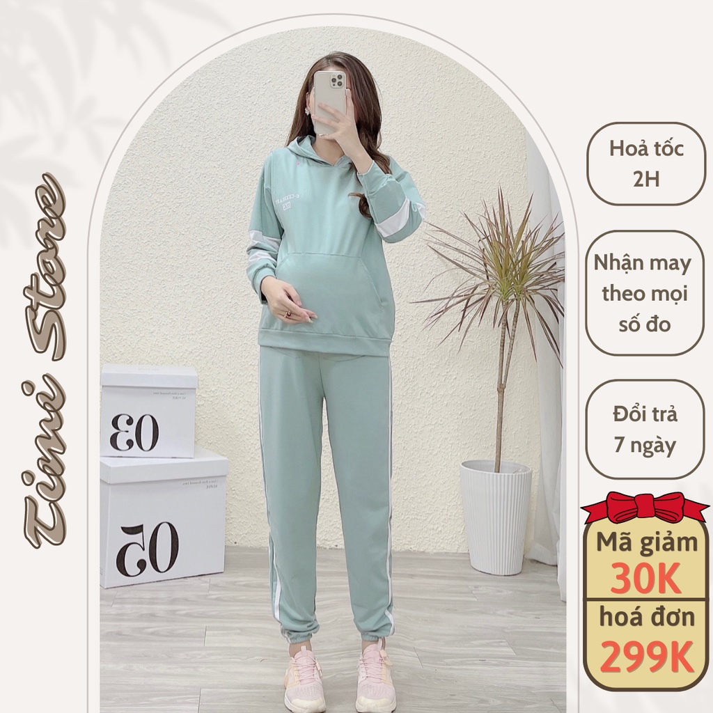 BỘ NỈ DA CÁ CÓ MŨ TAY PHỐI TRẮNG MẶC BẦU VÀ SAU SINH- BỘ BẦU DÀI TAY THU DÔNG CHẤT ĐẸP 3 MÀU HỒNG,GHI,XANH - TM055