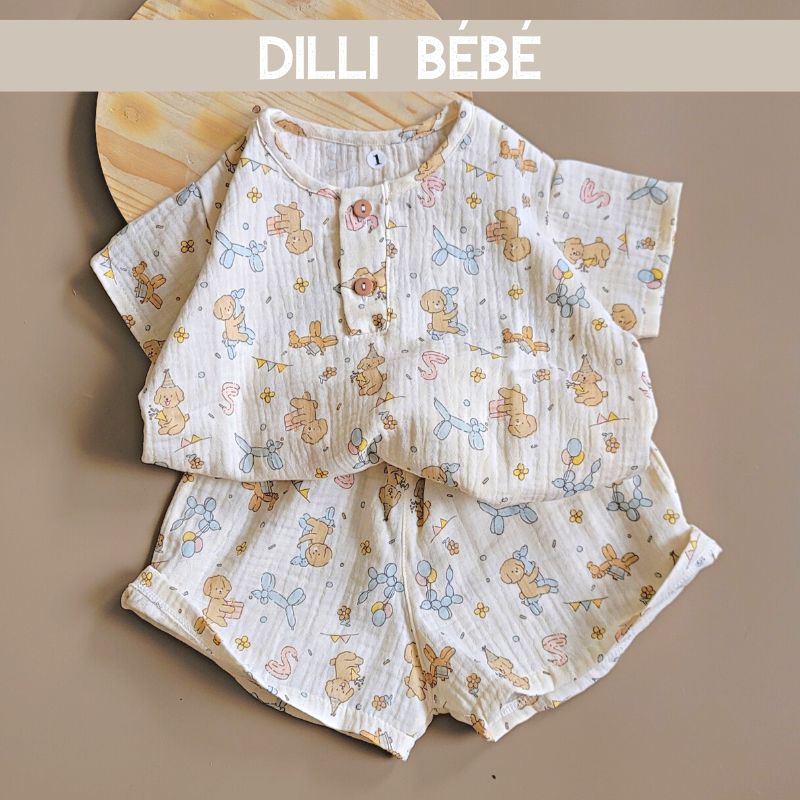 Đồ bộ mặc nhà tay ngắn quần ngắn cho bé trai bé gái trẻ em sơ sinh vải Muslin mùa hè mát mẻ - Dilli Bebe